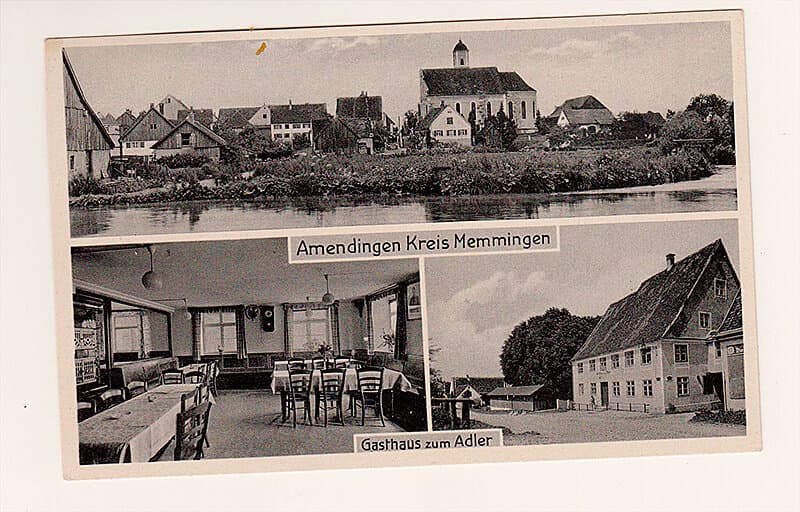 Historische Postkarte: Ansicht von Amendingen, Gaststube und Gasthaus zum Adler
