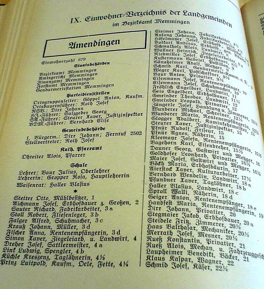 Seite eines historischen Einwohnerverzeichnisses der Landgemeinden im Bezirksamt Memmingen, Abschnitt Amendingen