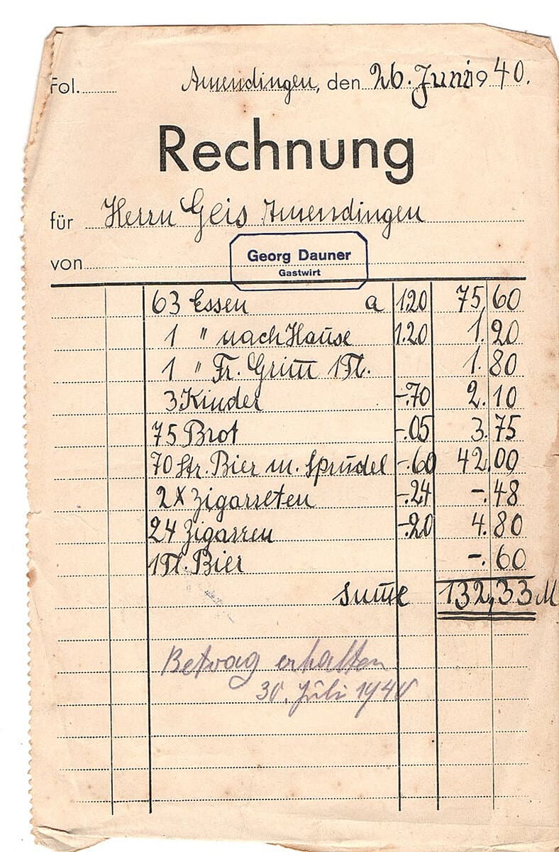Handschriftliche Rechnung vom 26. Juni 1940 mit dem Briefkopf von Georg Dauner
